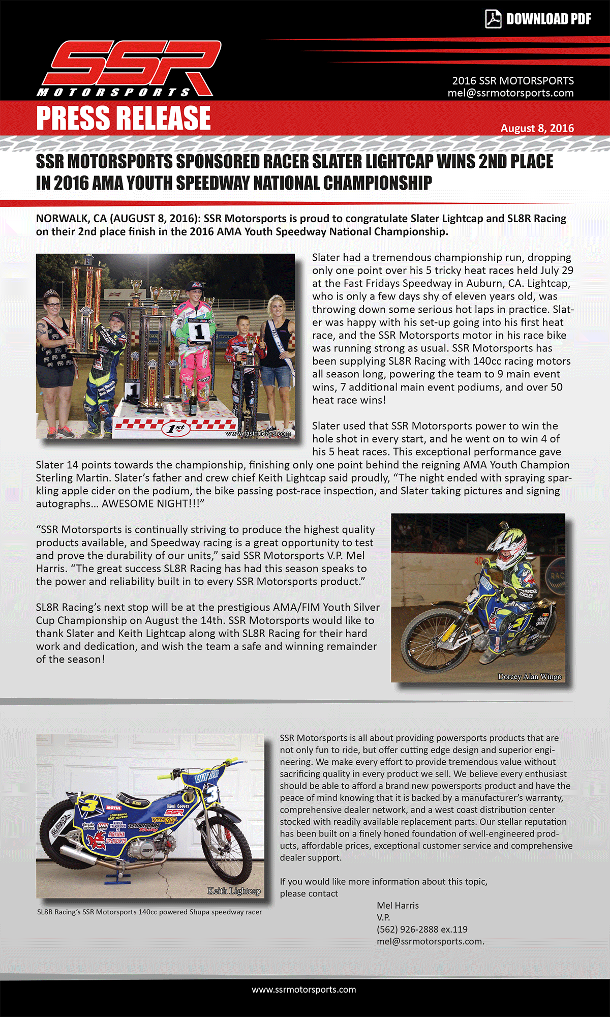 SSR MOTORSPORTS SPONSORED RACER SLATER LIGHTCAP WINS 2ND PLACE IN 2016 AMA YOUTH SPEEDWAY NATIONAL CHAMPIONSHIP