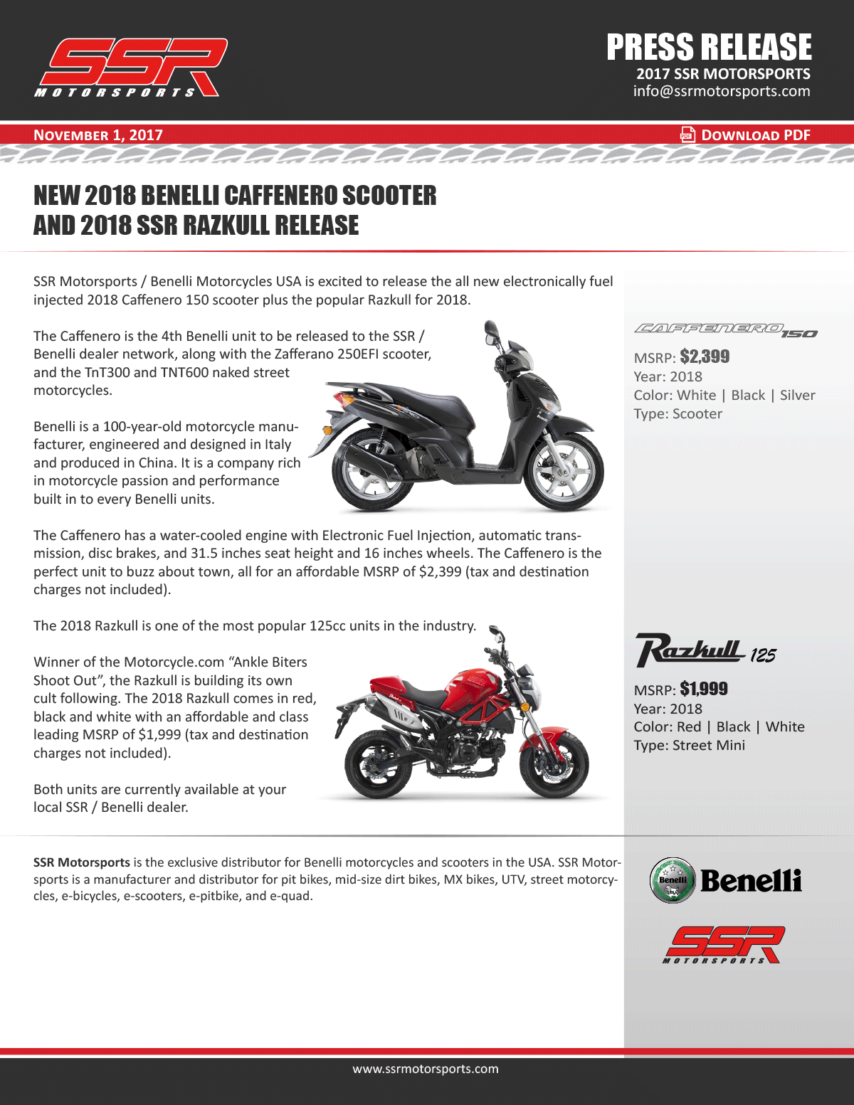New 2018 Benelli Caffenero Scooter And 2018 SSR Razkull Release